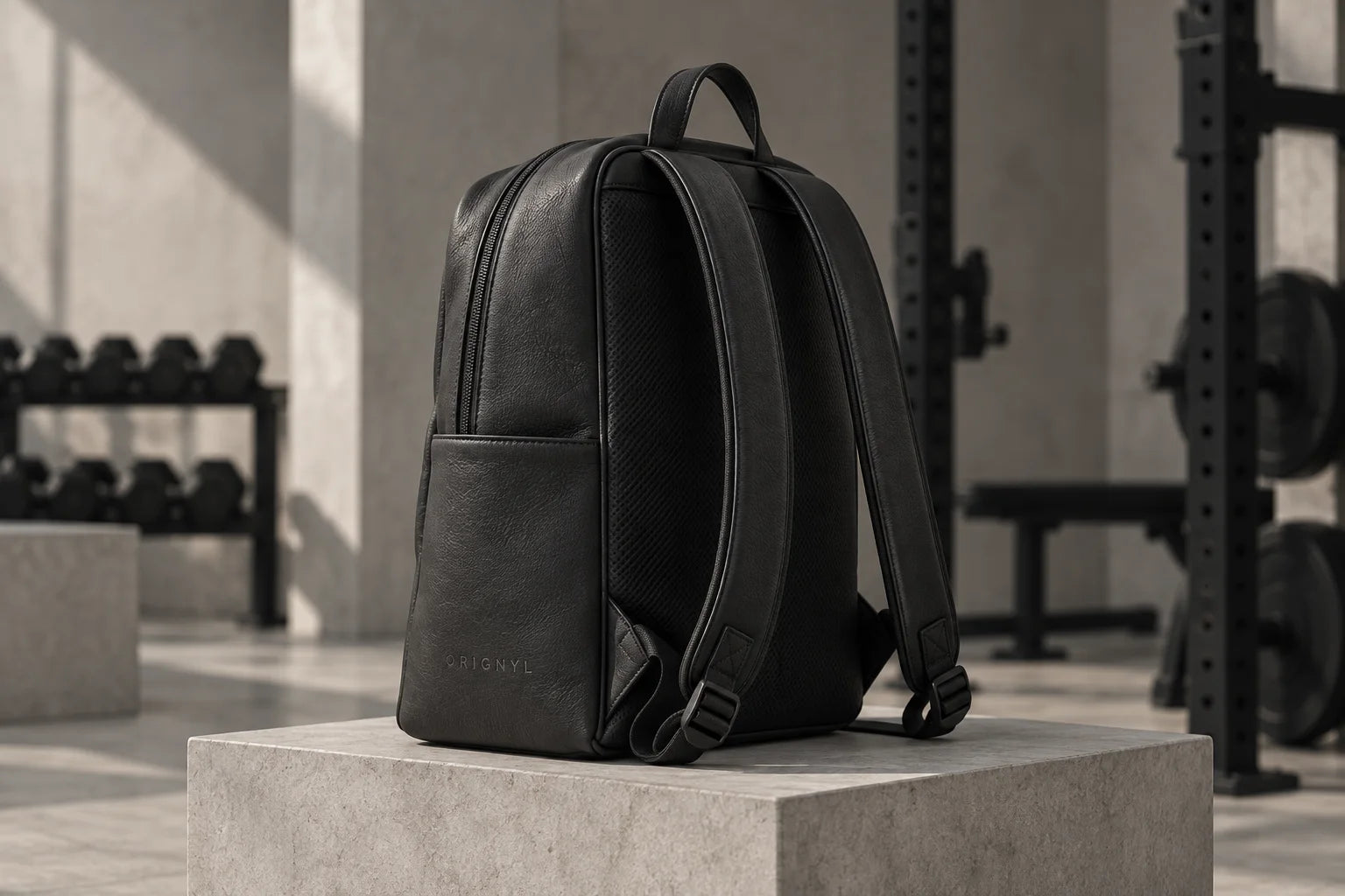 Black leather backpack with two shoulder straps
