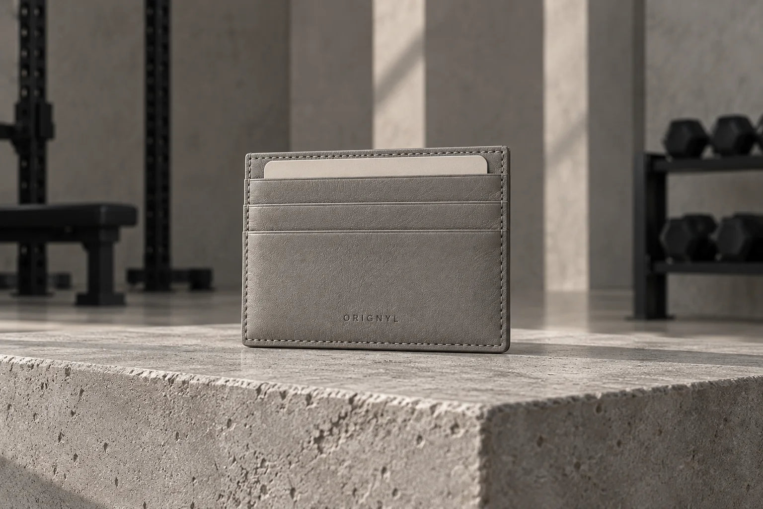 Stone gray leather cardholder with horizontal card slots