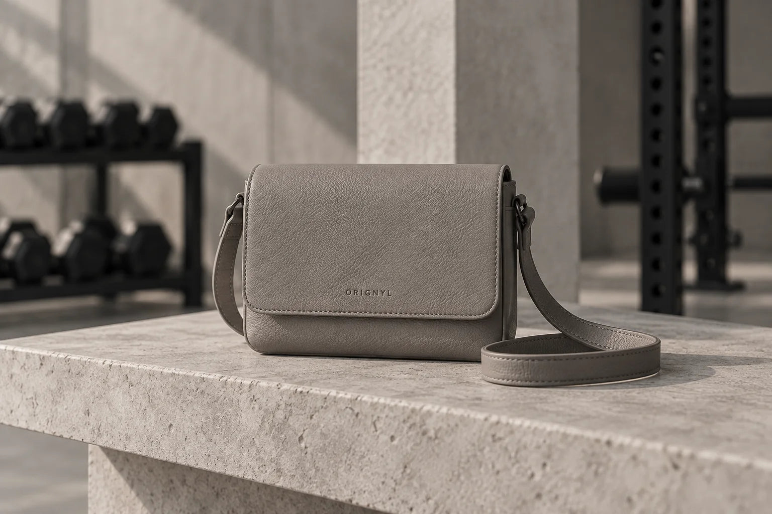 Stone gray leather crossbody with a slim shoulder strap