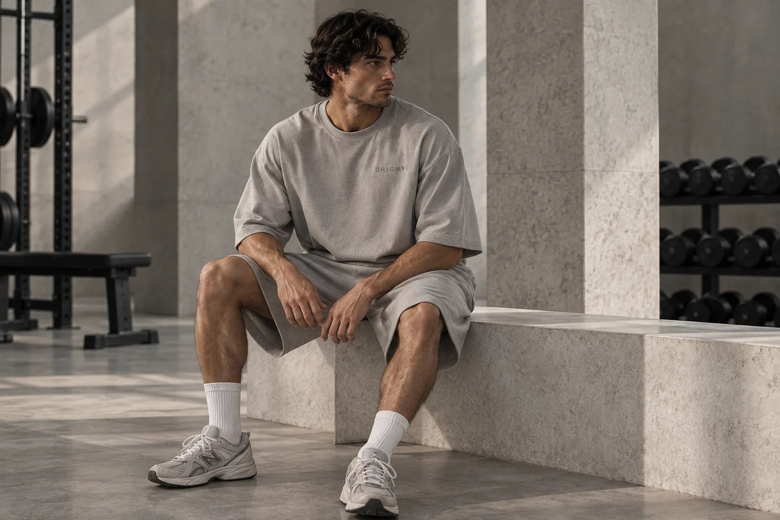 Oversized gray essentials in a quiet concrete gym