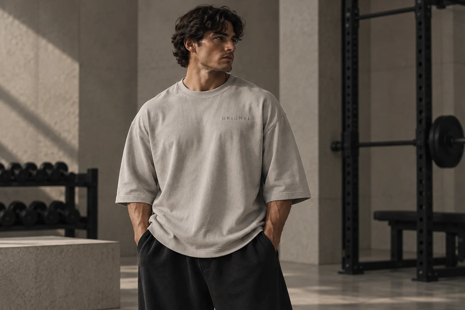 Chalk gray boxy oversized tee in a gray stone gym
