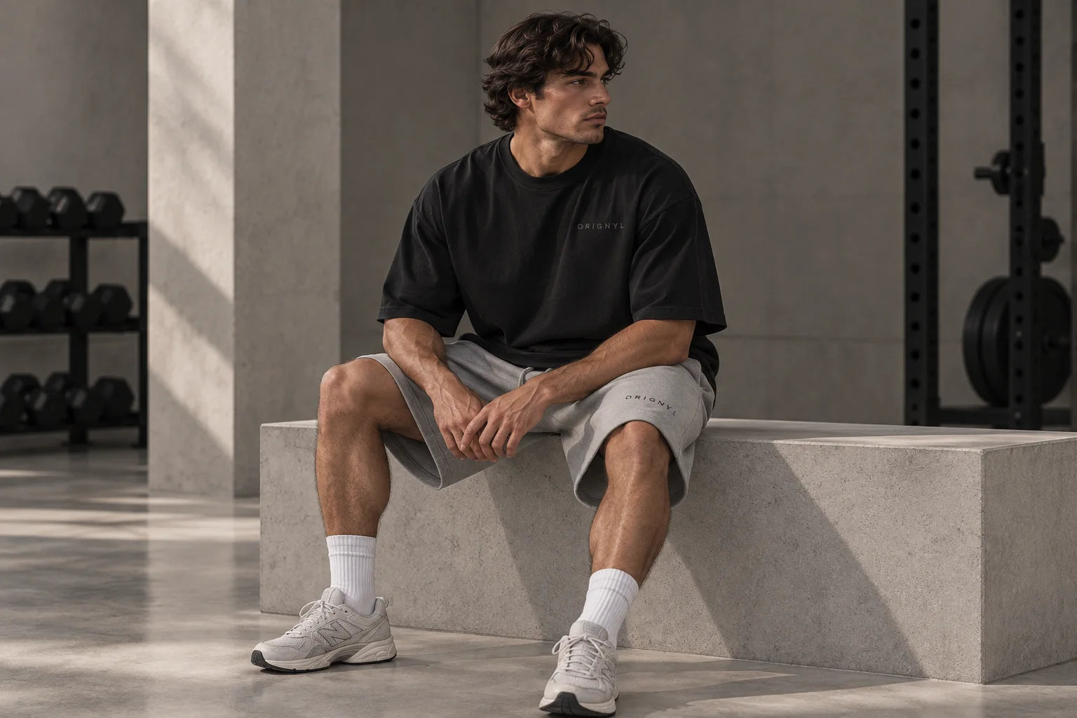 Stone gray oversized shorts with wide above-knee hems
