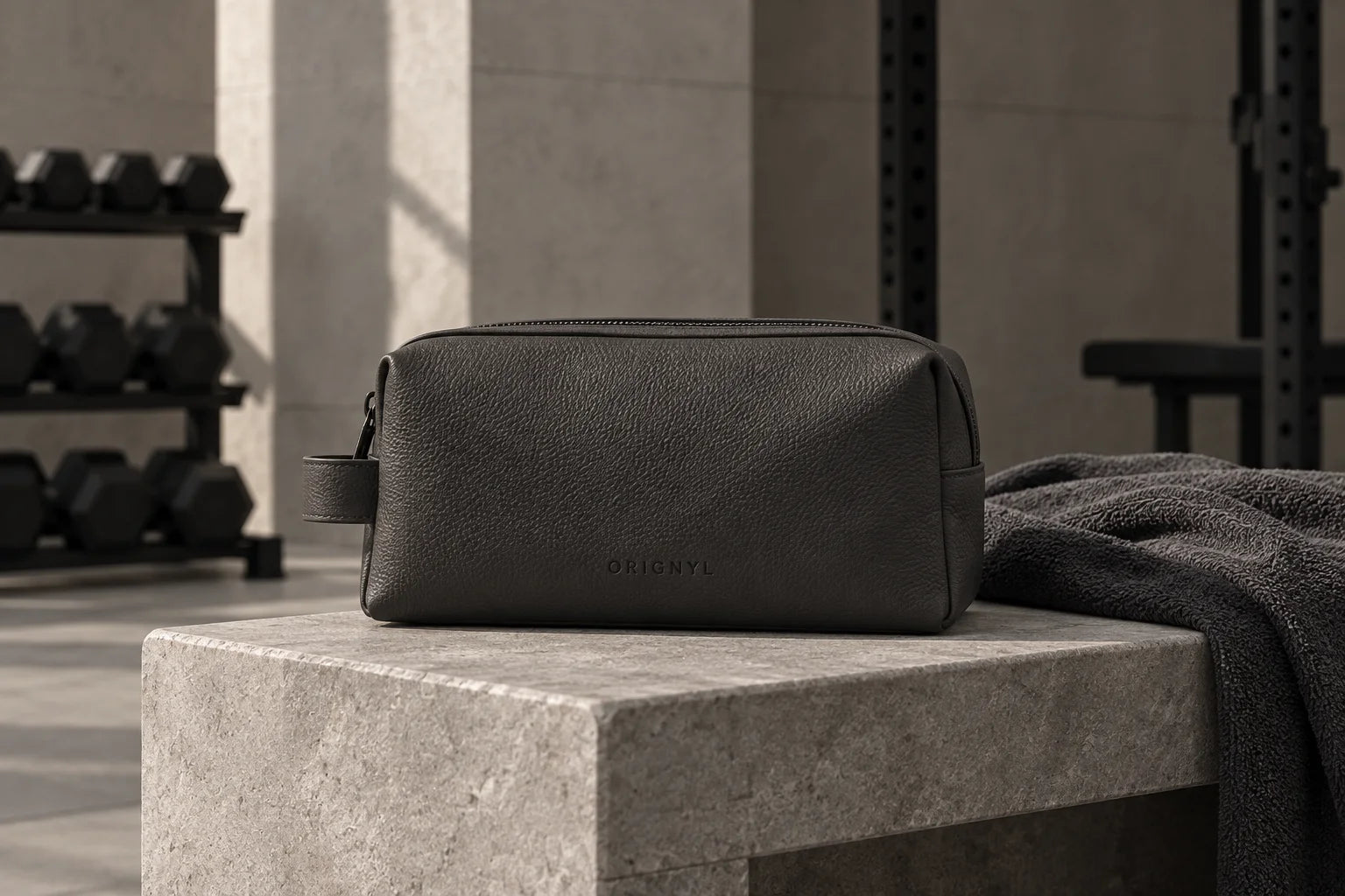 Charcoal leather toiletry bag with a top zipper