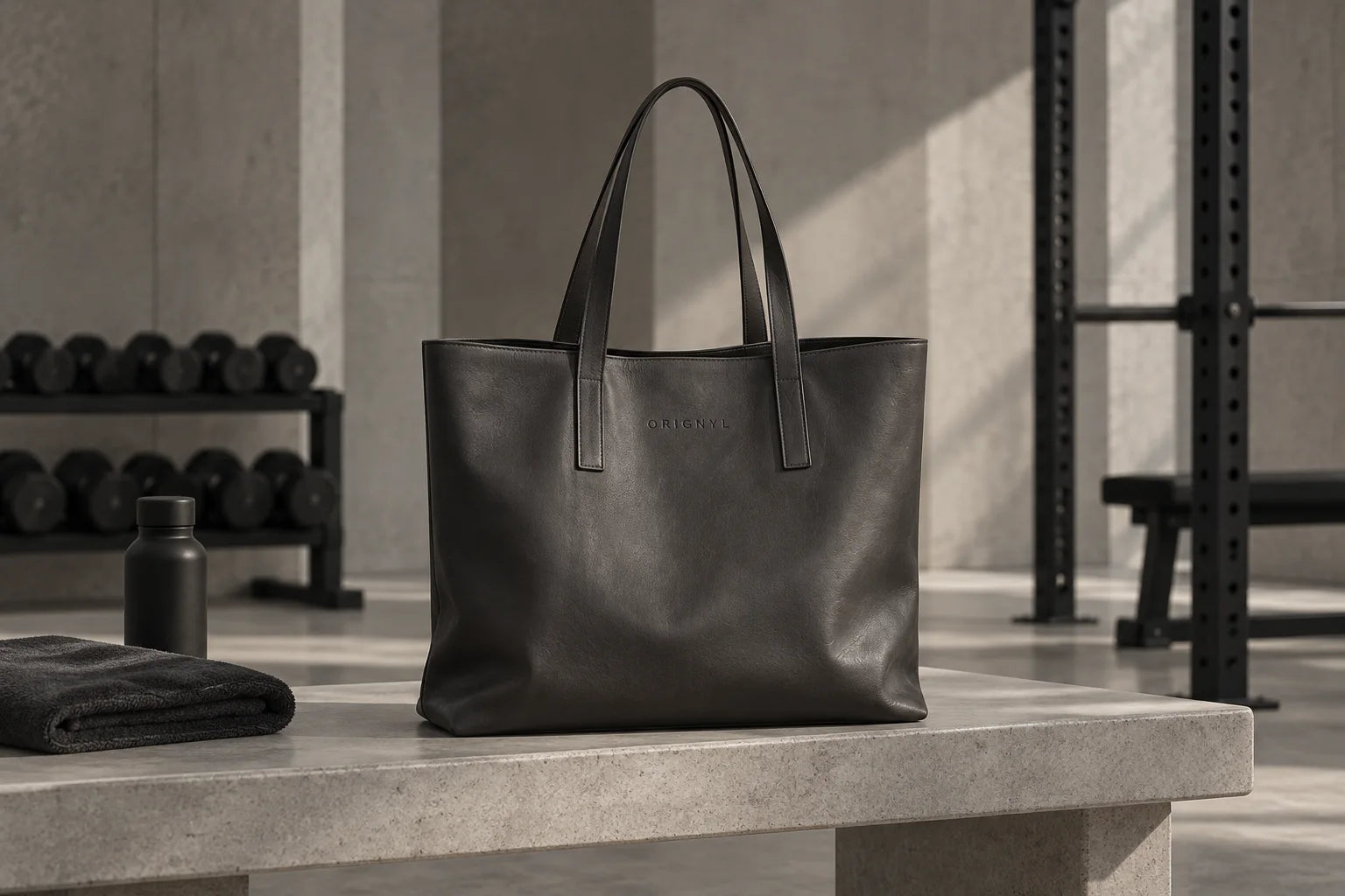 Charcoal leather tote with long handles