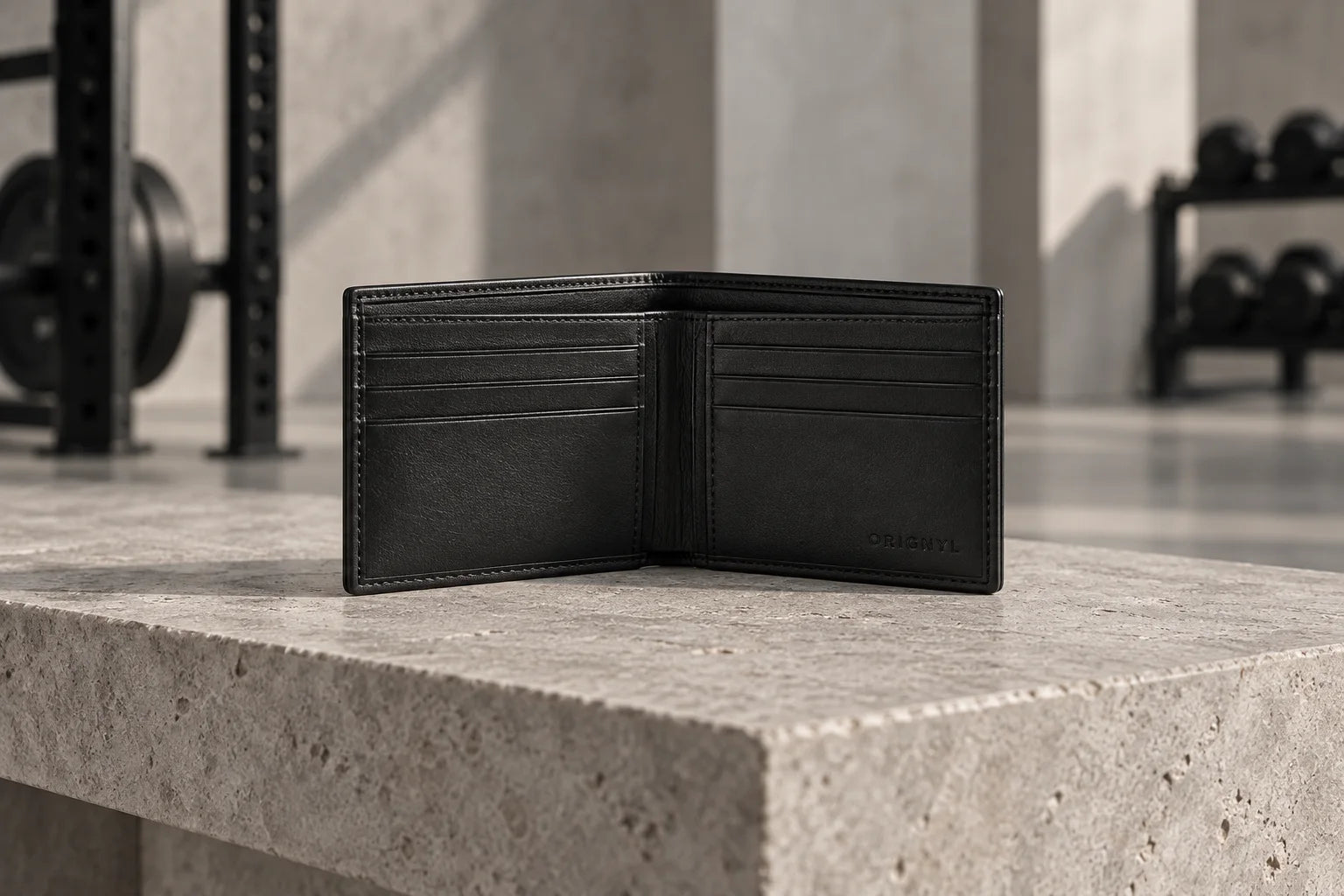 Black bifold leather wallet with interior card slots